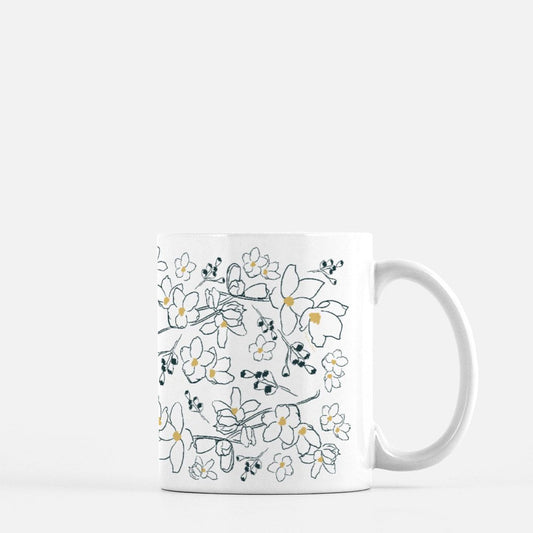 Floral Mug, hand-drawn blue and yellow flower cup, modern floral coffee cup